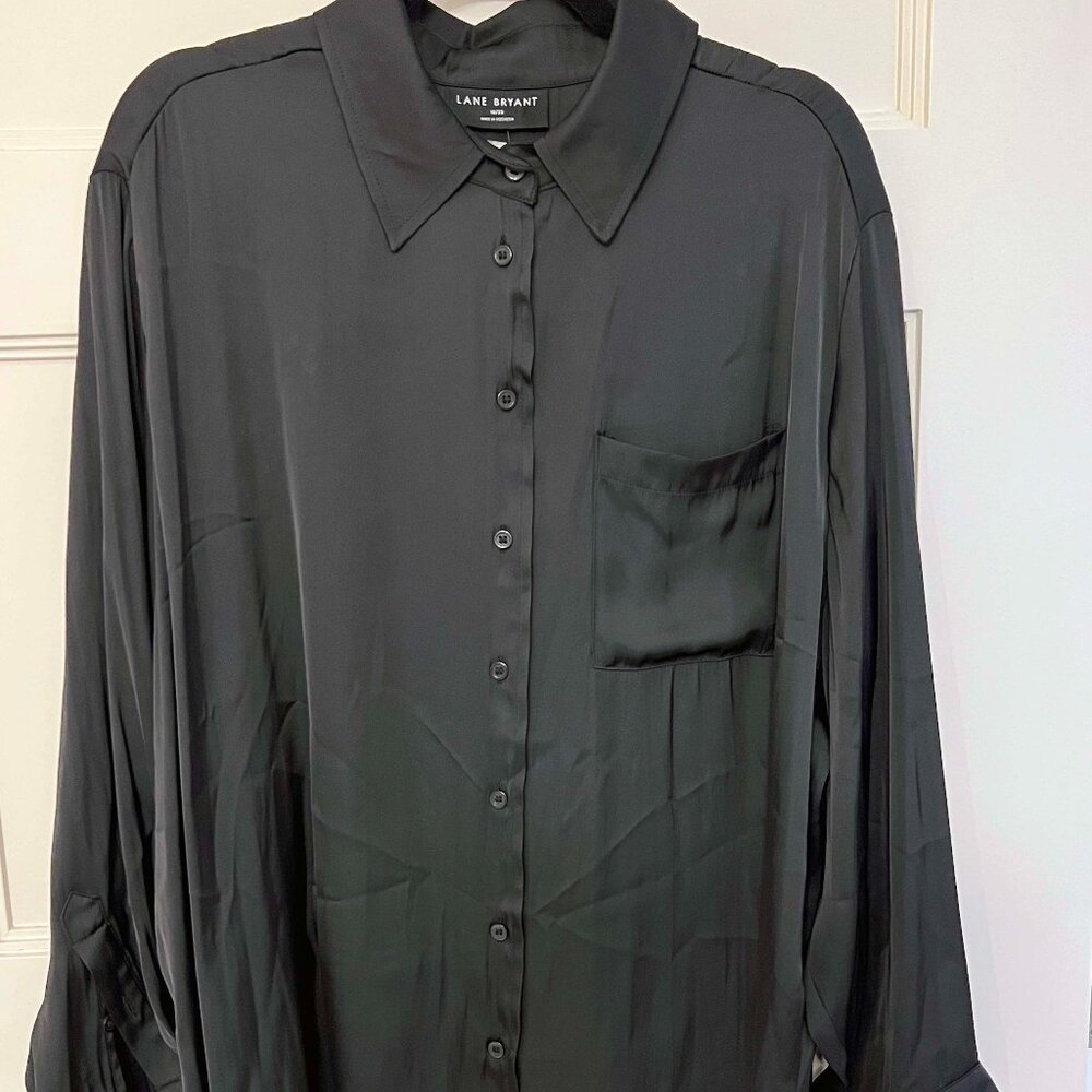 NWT - Button Front Black Satin Blouse 18, 20